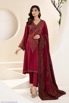 Maroon Embroidered 3PC Lawn Suit with Dupatta for Women thumbnail 1