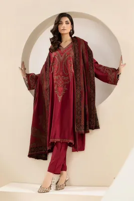 Maroon Embroidered 3PC Lawn Suit with Dupatta for Women thumbnail 2