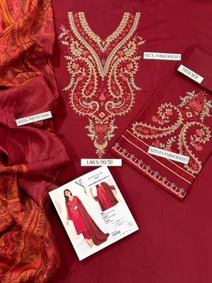 Maroon Embroidered 3PC Lawn Suit with Dupatta for Women thumbnail 3