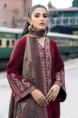 Maroon Embroidered 3PC Lawn Suit with Digital Printed Dupatta thumbnail 2