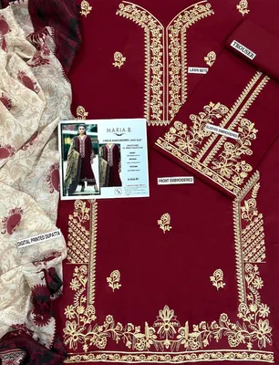Maroon Embroidered 3PC Lawn Suit with Digital Printed Dupatta thumbnail 3