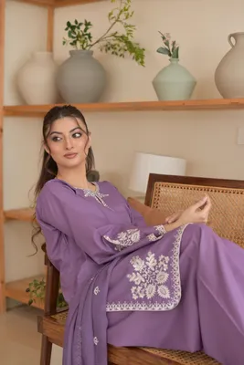 Purple Embroidered 3-Piece Women's Suit Set for Bakra Eid thumbnail 3