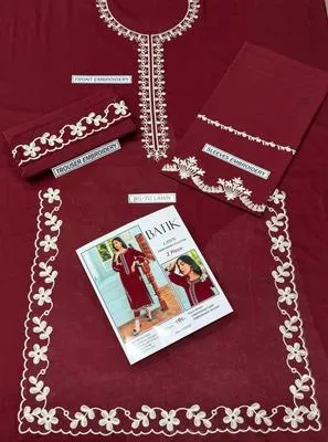 Maroon Embroidered Lawn Suit for Women Wedding Party Wear thumbnail 3