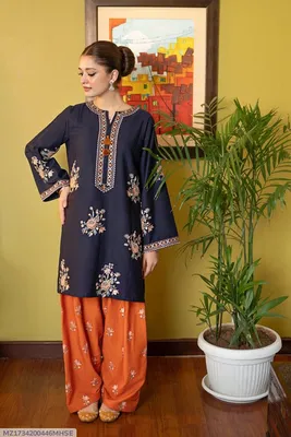 Blue Embroidered Lawn Kurta Set with Orange Trouser for Women thumbnail 1