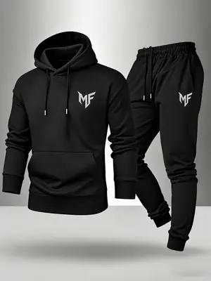 2 Pcs Men's Fleece Printed Hoodie Track Suit