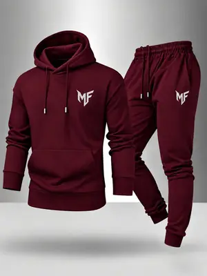 2 Pcs Men's Fleece Printed Hoodie Track Suit