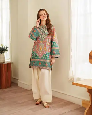 2 Pcs Women's Stitched Doria lawn Printed cord-set with farshi Farshi trouser thumbnail 2