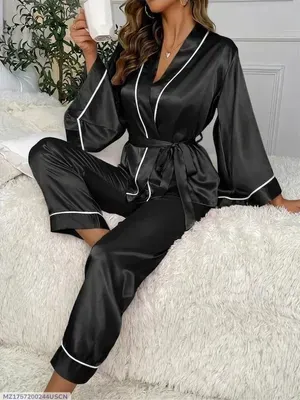 Black Silk Nightgown & Sleepwear Set 2 Pcs thumbnail 4