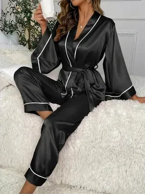 Black Silk Nightgown & Sleepwear Set 2 Pcs