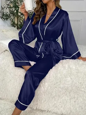 Blue Silk Nightgown Pajamas Set for Women 2 Pcs
