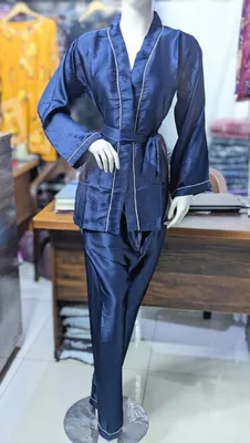 Blue Silk Nightgown Pajamas Set for Women 2 Pcs thumbnail 2