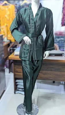 Green Silk Nightgown & Sleepwear Set 2 Pcs thumbnail 2