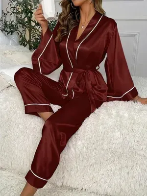 Maroon Silk Nightgown Pajamas Set 2 Pcs