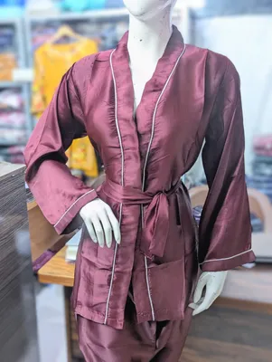Maroon Silk Nightgown Pajamas Set 2 Pcs thumbnail 2