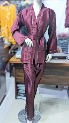 Maroon Silk Nightgown Pajamas Set 2 Pcs thumbnail 3