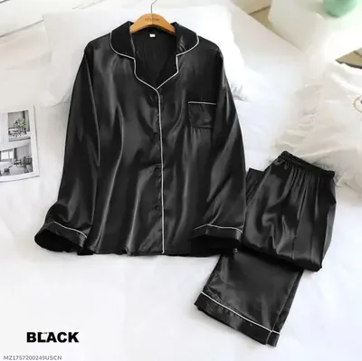 Black Silk 3PC Night Suit with Piping Work thumbnail 3