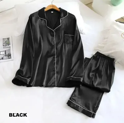 Black Silk 3PC Night Suit with Piping Work