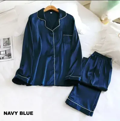 Navy Blue Silk 3PC Night Suit with Piping Work