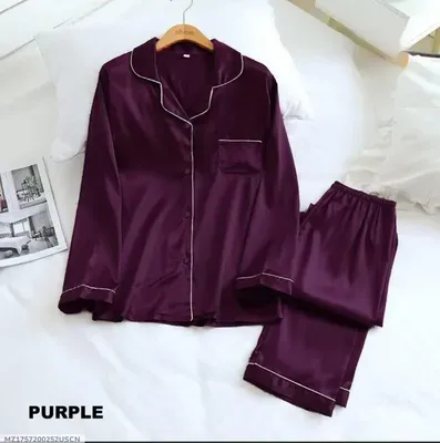 Purple Silk 3PC Night Suit for Women thumbnail 3