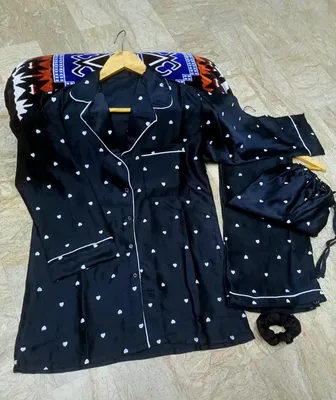 Heart Print Piping work on Shirt and Trouser Night Suit 3PCs (With scrunch) thumbnail 2