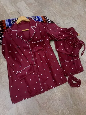 Heart Print Piping work on Shirt and Trouser Night Suit 3PCs (With scrunch) thumbnail 2