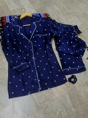 Heart Print Piping work on Shirt and Trouser Night Suit 3PCs (With scrunch) thumbnail 2