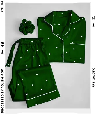 Heart Print Piping work on Shirt and Trouser Night Suit 3PCs (With scrunch) thumbnail 2