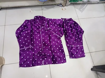 Heart Print Piping work on Shirt and Trouser Night Suit 3PCs (With scrunch) thumbnail 2