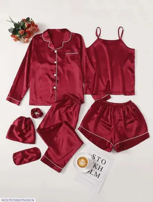 7 Pcs Women's Stitched Silk Piping Night suit
