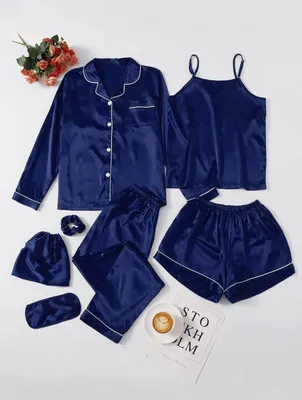7 Pcs Women's Stitched Silk Piping Night suit thumbnail 2