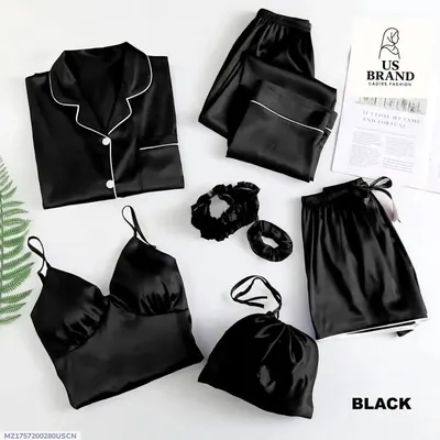 7 Pcs Women's StitchedNight suits Piping WorkOn Shirt Trouser ShortWith Seven Pieces NightwearSet