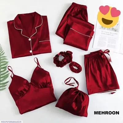 7 Pcs Women's StitchedNight suits Piping WorkOn Shirt Trouser ShortWith Seven Pieces NightwearSet