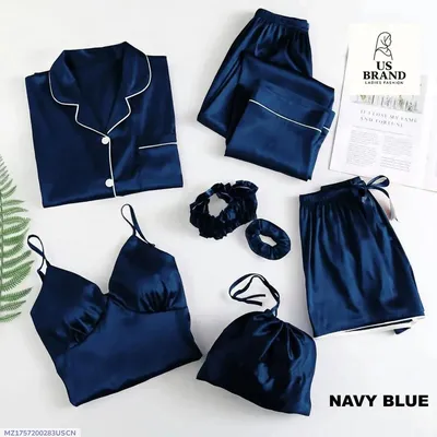7 Pcs Women's StitchedNight suits Piping WorkOn Shirt Trouser ShortWith Seven Pieces NightwearSet