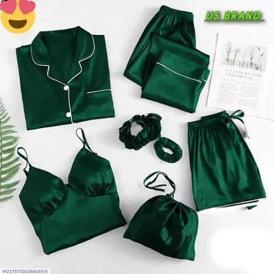 7 Pcs Women's StitchedNight suits Piping WorkOn Shirt Trouser ShortWith Seven Pieces NightwearSet