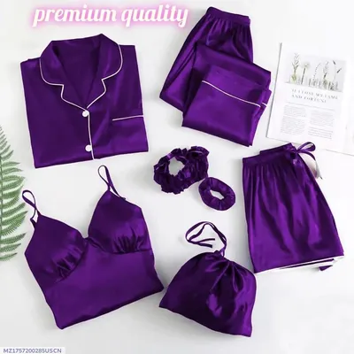 7 Pcs Women's StitchedNight suits Piping WorkOn Shirt Trouser ShortWith Seven Pieces NightwearSet
