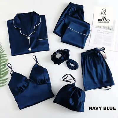 7 Pcs Women's Stitched Silk Piping Work On Shirt Trouser Short With Seven Pieces Nightwear Set
