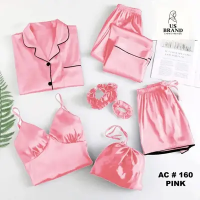 7 Pcs Women's Stitched Silk Piping Work On Shirt Trouser Short With Seven Pieces Nightwear Set
