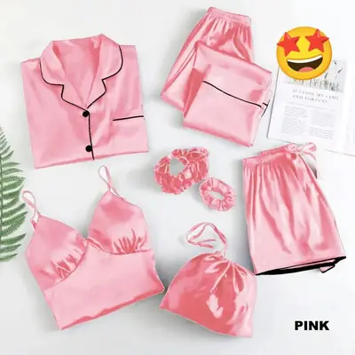 7 Pcs Women's Stitched Silk Piping Work On Shirt Trouser Short With Seven Pieces Nightwear Set thumbnail 3