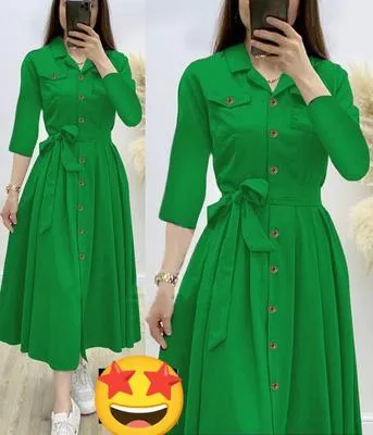 Green Button Belted Shirt Dress for Women 42" Linen