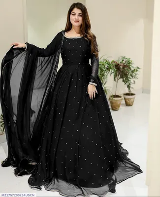 Black Chiffon Pearls Maxi Suit 3PCs with Lace Dupatta thumbnail 1