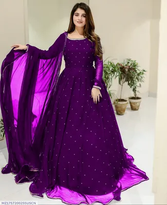 Purple Chiffon Pearls Maxi Suit 3PCs with Lace Dupatta thumbnail 1