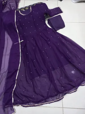 Purple Chiffon Pearls Maxi Suit 3PCs with Lace Dupatta thumbnail 2