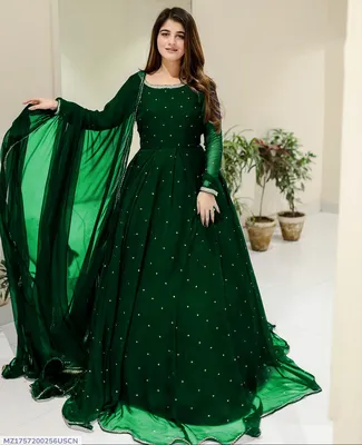 Green Chiffon Pearls Maxi Suit 3PCs with Lace Dupatta thumbnail 1