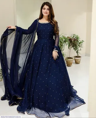 Blue Chiffon Pearls Maxi Suit 3PCs with Lace Dupatta thumbnail 1