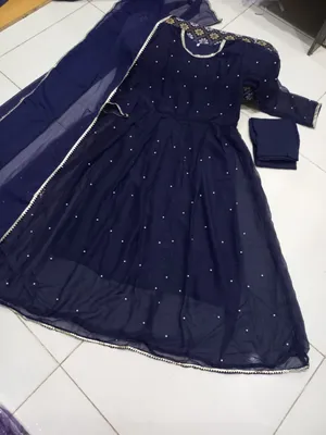 Blue Chiffon Pearls Maxi Suit 3PCs with Lace Dupatta thumbnail 3