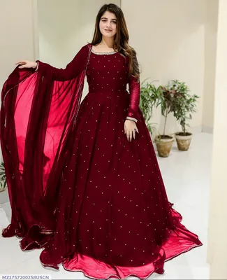 Maroon Chiffon Pearls Maxi Suit 3PCs with Lace Dupatta thumbnail 1