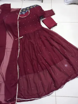 Maroon Chiffon Pearls Maxi Suit 3PCs with Lace Dupatta thumbnail 2