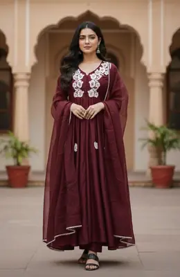 3 Pcs Women's Stitched Silk Embroidered Maxi Suit