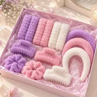 Fluffy Skincare Headband & wristband Set with flower hair clip - Cute Face Washing Accessories 