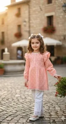 Peach Printed Kurta Set for Girls Small Size 2 Pcs Cotton Eid Wear